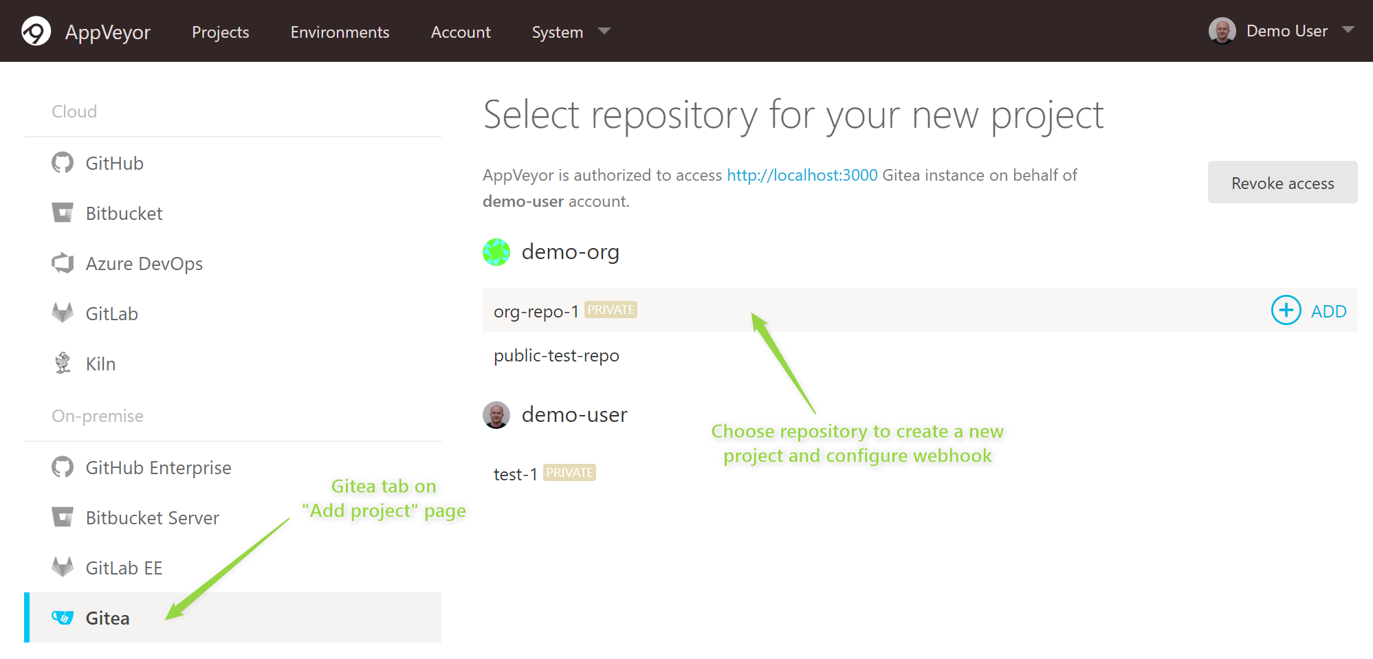 Choose Gitea repository for a new project