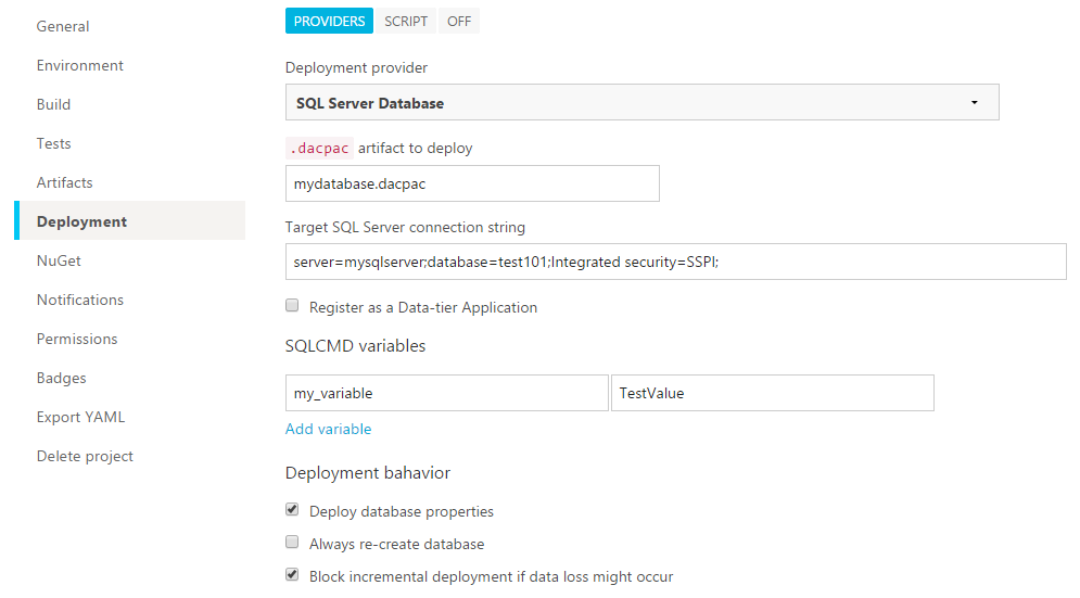SQL database provider settings